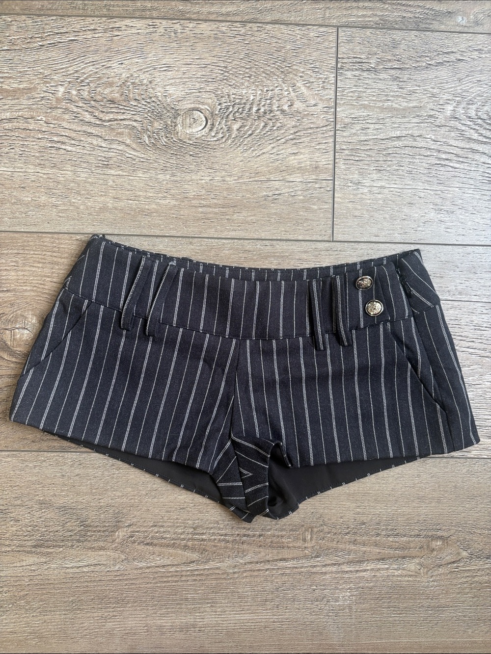 I.AM.GIA Sadie Black & White Pinstripe Mini Shorts w Military Butttons
